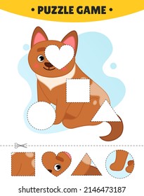 Juego educativo para los niños.  El estudio de las formas geométricas. Rompecabezas para los preescolares.   Ilustración vectorial de la caricatura adorable cachorro.