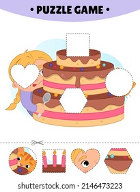 Educational game for kids.  The study of geometric shapes. Puzzles for preschoolers.  Vector illustration of a cute girl with a big cake.
