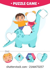 Educational game for kids.  The study of geometric shapes. Puzzles for preschoolers.  Vector illustration of a boy and a girl riding a dinosaur.
