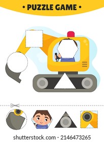 Educational game for kids.  The study of geometric shapes. Puzzles for preschoolers.  Vector illustration of a cute boy on a backhoe.
