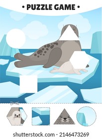 Educational game for kids.  The study of geometric shapes. Puzzles for preschoolers. Vector illustration of a cute seal on an ice floe in the arctic.
 