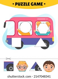 Educational game for kids.  The study of geometric shapes. Puzzles for preschoolers.  Vector illustration of a cute kids ride the bus.
