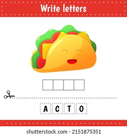 Educational game for kids. Taco.Crossword. Food. Guess the word. Education developing worksheet. Learning game for kids. Activity page.