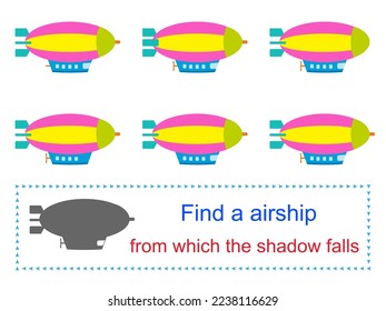 Educational game for kids. Task for attentiveness. Find a airship from which the shadow falls. Vector illustration. Flat design.