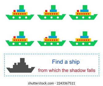 Educational game for kids. Task for attentiveness. Find a ship from which the shadow falls. Vector illustration. Flat design.