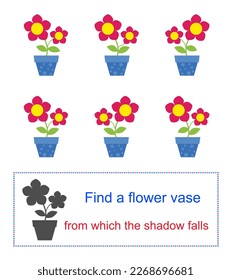 Educational game for kids. Task for attentiveness. Find a flower vase from which the shadow falls. Vector illustration. Flat design.
