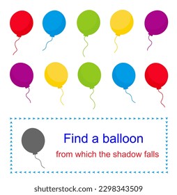 Educational game for kids. Task for attentiveness. Find a balloon from which the shadow falls. Vector illustration. 