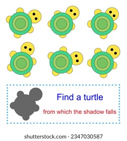 Educational game for kids. Task for attentiveness. Find a turtle from which the shadow falls. 