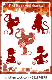 Educational game for kids. Task for kids with funny monkeys. Find the correct shadow. Vector template page with game.
