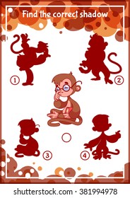 Educational game for kids. Task for kids with funny monkeys. Find the correct shadow. Vector template page with game.