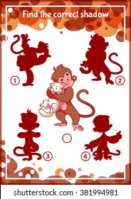 Educational game for kids. Task for kids with funny monkeys. Find the correct shadow. Vector template page with game.