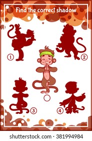 Educational game for kids. Task for kids with funny monkeys. Find the correct shadow. Vector template page with game.