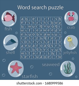 Educational game for kids. The game is teaching English. Word search puzzle with marine life. Kids activity sheet. Vector illustration hand drawing, flat.