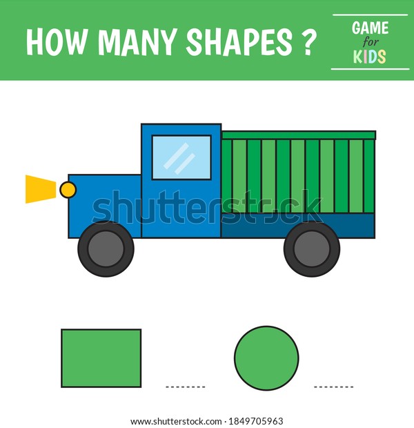 Educational game for kids. Truck of\
geometric shapes. Count  circles, rectangle. Preschool worksheet\
activity. Vector\
illustration