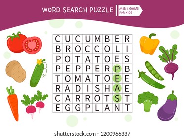 Educational game for kids. Word search puzzle with cartoon vegetables. Kids activity sheet, 