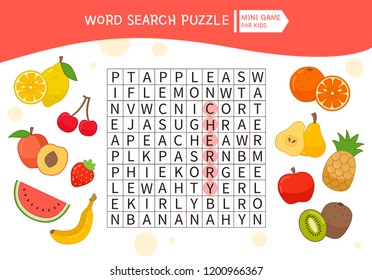 Educational Game For Kids. Word Search Puzzle With Cartoon Fruits. Kids Activity Sheet, 