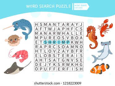 Educational game for kids. Word search puzzle with cartoon sea animals. Kids activity sheet, 