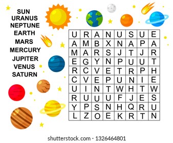 Educational game for kids. Word search game. Space theme. Solar system. Learning planets. Vector illustration.