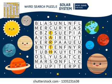 Educational Game For Kids. Word Search Puzzle With Solar System. Kids Activity Sheet, 