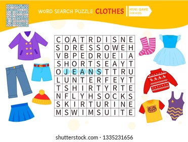 Educational game for kids. Word search puzzle with clothes. Kids activity sheet, 