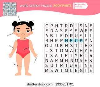 Educational game for kids. Word search puzzle with body parts. Kids activity sheet, 