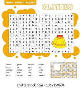 Educational game for kids. Word search puzzle with clothes. Kids activity sheet. Word search puzzle for kids. Answer included.