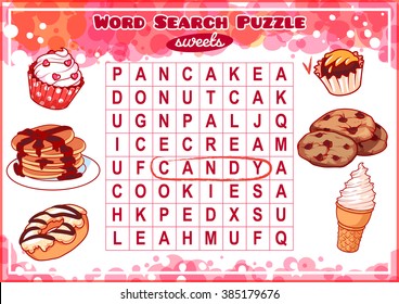 Educational game for kids, word search. Word search puzzle with sweets. Worksheet for class or at home with the kids. A4 size. Horizontal orientation.