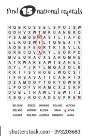 Educational game for kids, word search. Find 15 national capitals. Worksheet for class or at home with the kids. A4 size. Vertical orientation.