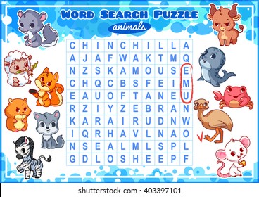 Educational game for kids, word search. Word search puzzle with animals. Worksheet for class or at home with the kids. A4 size. Horizontal orientation.