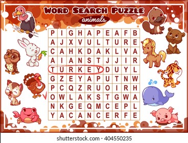 Educational game for kids, word search. Word search puzzle with animals. Worksheet for class or at home with the kids. A4 size. Horizontal orientation.