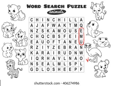 Educational game for kids, word search. Word search puzzle with animals. Worksheet for class or at home with the kids. A4 size. Horizontal orientation.