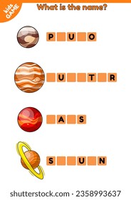 Educational game for kids with words on space theme. Write the missing letters. English spelling training. Worksheet for children. Cartoon planets of solar system. Pluto, Jupiter, Mars, Saturn. Vector