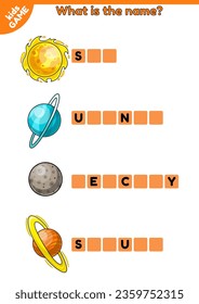 Educational game for kids with words on space theme. Write the missing letters. English spelling training. Worksheet for children. Planets of solar system Saturn, Uranus, Mercury and star Sun. Vector.