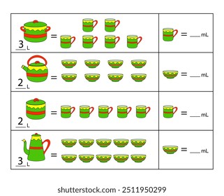 Jogo educacional para crianças. Escreva a capacidade de cada utensílio de cozinha. Planilha.