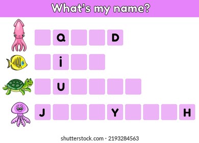 Educational game for kids. Write the missing letters. English language learning. Worksheet for preschool and school education. Vector illustration.