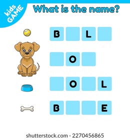 Educational game for kids. Write the missing letters. English spelling training. Education task for children. Worksheet for preschool and school. Cartoon dog and pet accessories. Vector illustration.