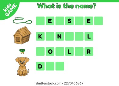 Educational game for kids. Write the missing letters. English spelling training. Literacy exercise. Worksheet for preschool and school children. Cartoon dog and pet accessories. Vector illustration.
