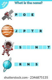 Educational game for kids. Write the missing letters. Spelling training english words on space theme. Task for education children. Cartoon astronaut afro boy, aprobe, planets Jupiter Uranus. Vector.
