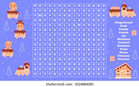 Educational game for learnig englishwords, christmas and new year themed riddle for searching or hunting words