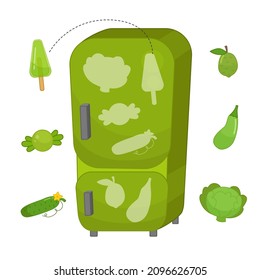 Educational game for learning color. Place the food in the refrigerator. Green color.
