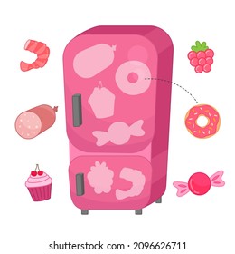 Educational game for learning color. Place the food in the refrigerator. Pink color.
