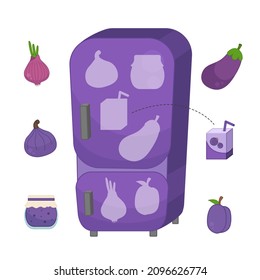 Educational game for learning color. Place the food in the refrigerator. Violet color.
