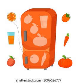 Educational game for learning color. Place the food in the refrigerator. Orange color.
