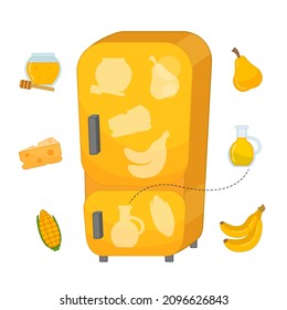 Educational game for learning color. Place the food in the refrigerator. Yellow color.
