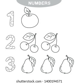 Educational game - Learning numbers. Coloring book for preschool children. One two three fruit