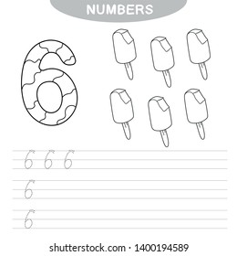 Educational game - Learning numbers. Coloring book for preschool children. Writing practice - printable worksheet for preschool. Number six