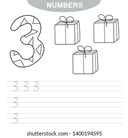 Educational game - Learning numbers. Coloring book for preschool children. Writing practice - printable worksheet for preschool. Number Three