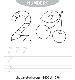 Educational game - Learning numbers. Coloring book for preschool children. Writing practice - printable worksheet for preschool. Number two