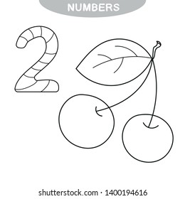 Educational game - Learning numbers. Number Two. Coloring book for preschool children. Two Cherries