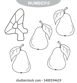 Educational game - Learning numbers. Number Four. Coloring book for preschool children. Four pears